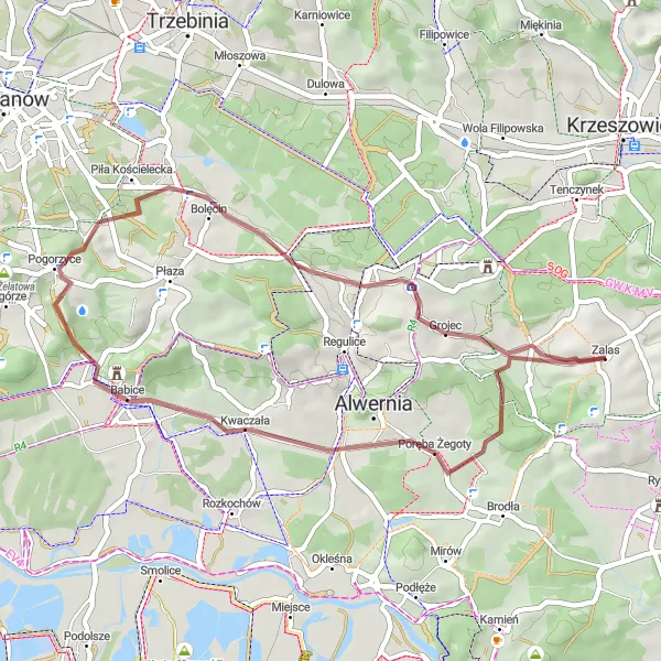 Map miniature of "Gravel Delight" cycling inspiration in Małopolskie, Poland. Generated by Tarmacs.app cycling route planner