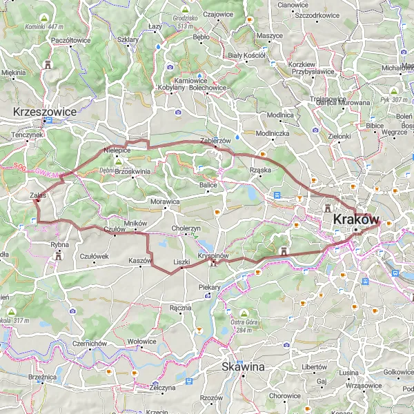 Map miniature of "Gravel Route to Wróżna Góra" cycling inspiration in Małopolskie, Poland. Generated by Tarmacs.app cycling route planner