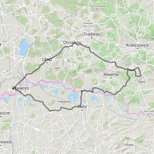 Map miniature of "Road Route Zalas Highlights" cycling inspiration in Małopolskie, Poland. Generated by Tarmacs.app cycling route planner