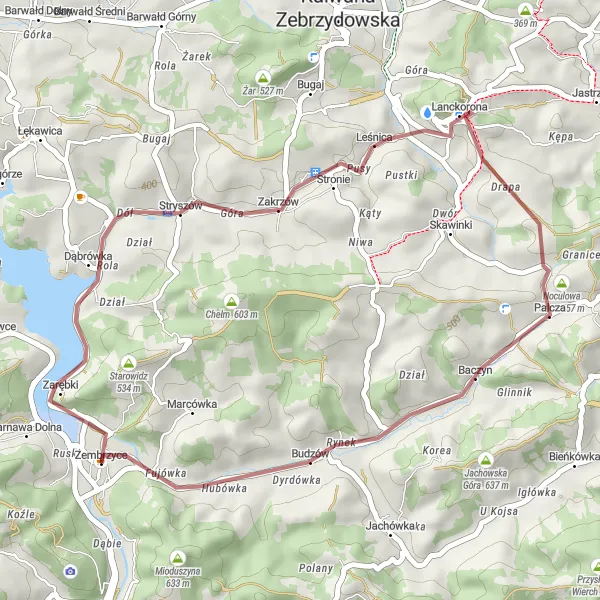 Miniatura mapy "Szlak gravelowy przez Budzów i Jezioro Mucharskie" - trasy rowerowej w Małopolskie, Poland. Wygenerowane przez planer tras rowerowych Tarmacs.app