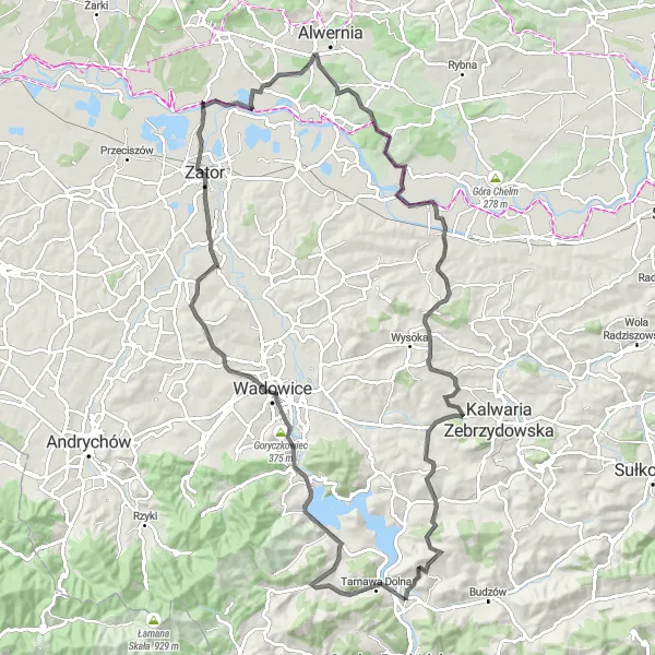 Map miniature of "Road Journey to Śleszowice" cycling inspiration in Małopolskie, Poland. Generated by Tarmacs.app cycling route planner