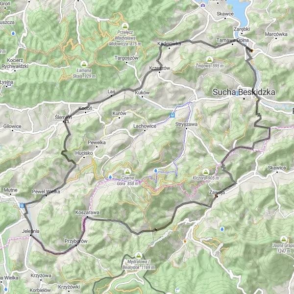 Map miniature of "The Przełęcz Przysłop Road Challenge" cycling inspiration in Małopolskie, Poland. Generated by Tarmacs.app cycling route planner