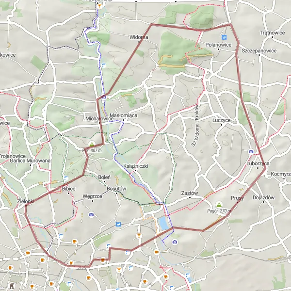 Map miniature of "Zielonki Loop" cycling inspiration in Małopolskie, Poland. Generated by Tarmacs.app cycling route planner