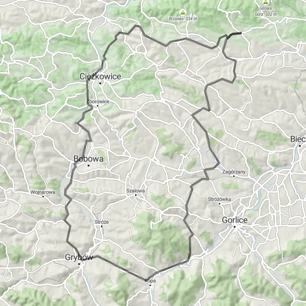 Map miniature of "Liszkowa Adventure" cycling inspiration in Małopolskie, Poland. Generated by Tarmacs.app cycling route planner