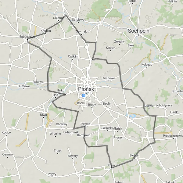 Map miniature of "Baboszewo Circuit" cycling inspiration in Mazowiecki regionalny, Poland. Generated by Tarmacs.app cycling route planner