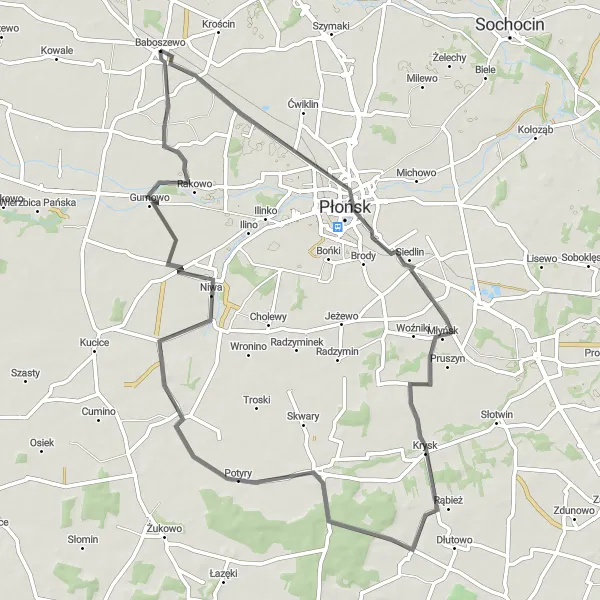 Map miniature of "Challenging Countryside Ride" cycling inspiration in Mazowiecki regionalny, Poland. Generated by Tarmacs.app cycling route planner