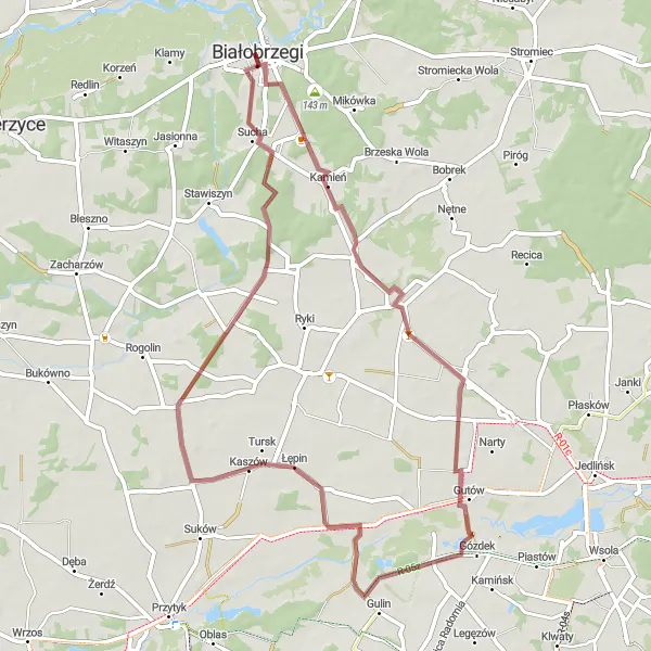 Map miniature of "Białobrzegi to Sucha Round Trip" cycling inspiration in Mazowiecki regionalny, Poland. Generated by Tarmacs.app cycling route planner