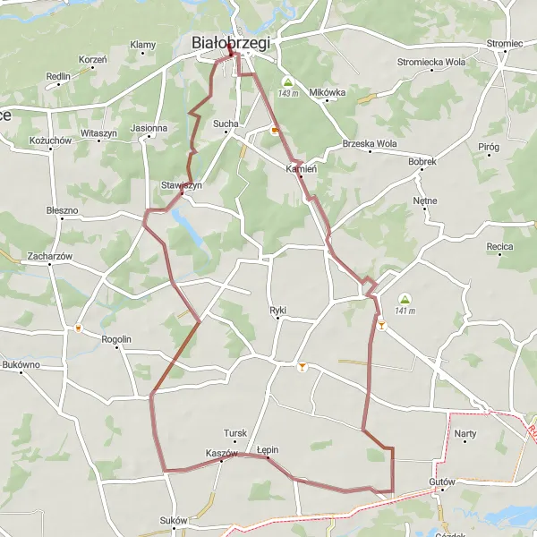 Map miniature of "Białobrzegi to Branica Round Trip" cycling inspiration in Mazowiecki regionalny, Poland. Generated by Tarmacs.app cycling route planner