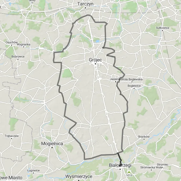 Map miniature of "Białobrzegi to Czekanówek Round Trip" cycling inspiration in Mazowiecki regionalny, Poland. Generated by Tarmacs.app cycling route planner