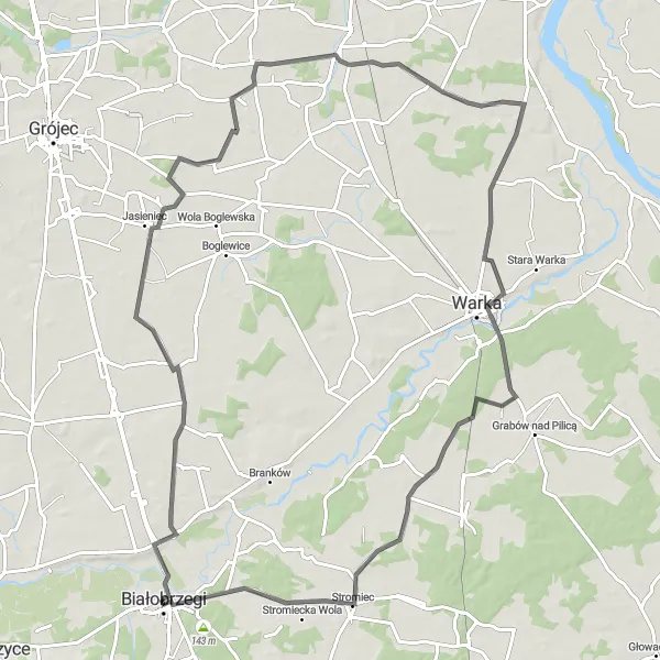 Map miniature of "Beyond Boundaries: A Road Cycling Extravaganza" cycling inspiration in Mazowiecki regionalny, Poland. Generated by Tarmacs.app cycling route planner