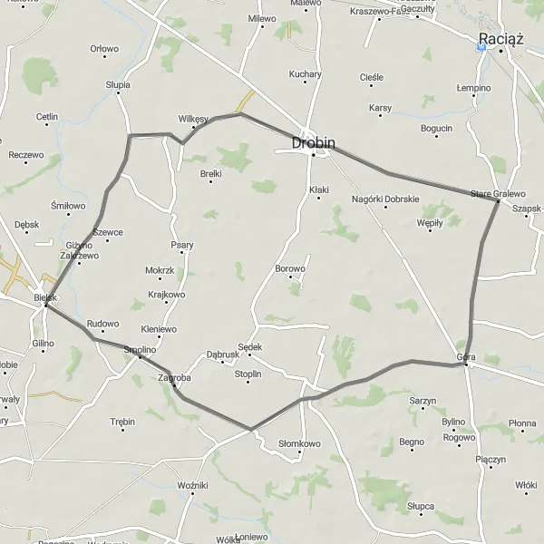 Map miniature of "Bielsk-Siemienie-Drobin-Stare Gralewo-Staroźreby-Bielsk" cycling inspiration in Mazowiecki regionalny, Poland. Generated by Tarmacs.app cycling route planner