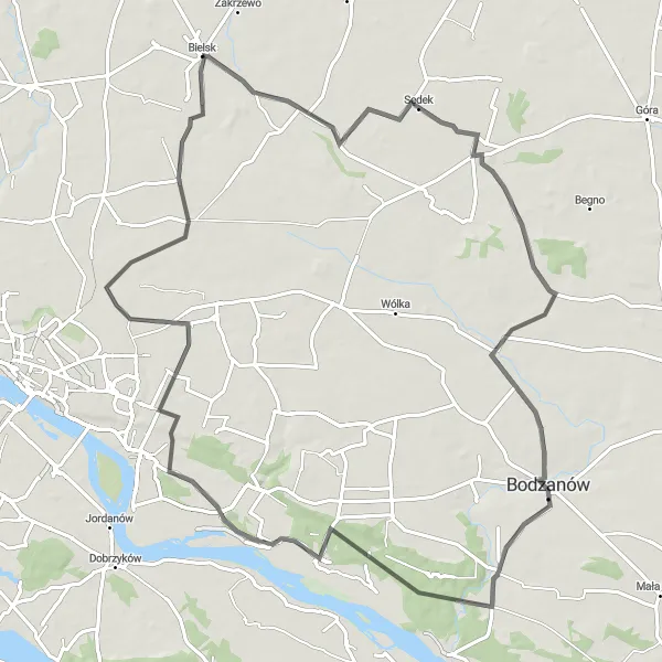 Map miniature of "Bielsk-Staroźreby-Bodzanów-Ciachcin-Bielsk" cycling inspiration in Mazowiecki regionalny, Poland. Generated by Tarmacs.app cycling route planner