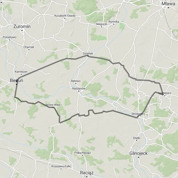Miniatura mapy "Trasa przez Strzegowo" - trasy rowerowej w Mazowiecki regionalny, Poland. Wygenerowane przez planer tras rowerowych Tarmacs.app