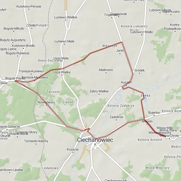 Miniatura mapy "Wyprawa przez Kuczyn i Antonin" - trasy rowerowej w Mazowiecki regionalny, Poland. Wygenerowane przez planer tras rowerowych Tarmacs.app