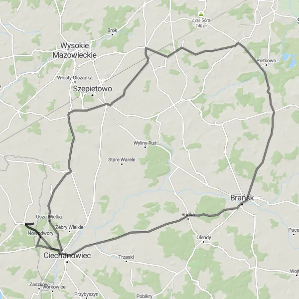 Map miniature of "Majestic Mazovia" cycling inspiration in Mazowiecki regionalny, Poland. Generated by Tarmacs.app cycling route planner