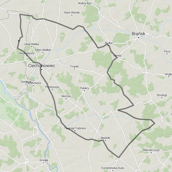 Map miniature of "Ciechanowiec Exploration" cycling inspiration in Mazowiecki regionalny, Poland. Generated by Tarmacs.app cycling route planner