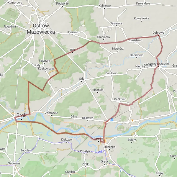 Map miniature of "Ruins and Forests Discovery" cycling inspiration in Mazowiecki regionalny, Poland. Generated by Tarmacs.app cycling route planner