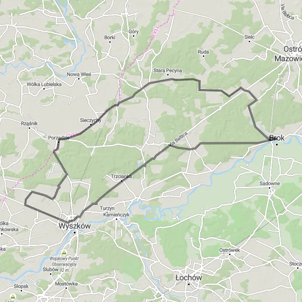 Map miniature of "Porządzie and Ojcowizna Loop" cycling inspiration in Mazowiecki regionalny, Poland. Generated by Tarmacs.app cycling route planner