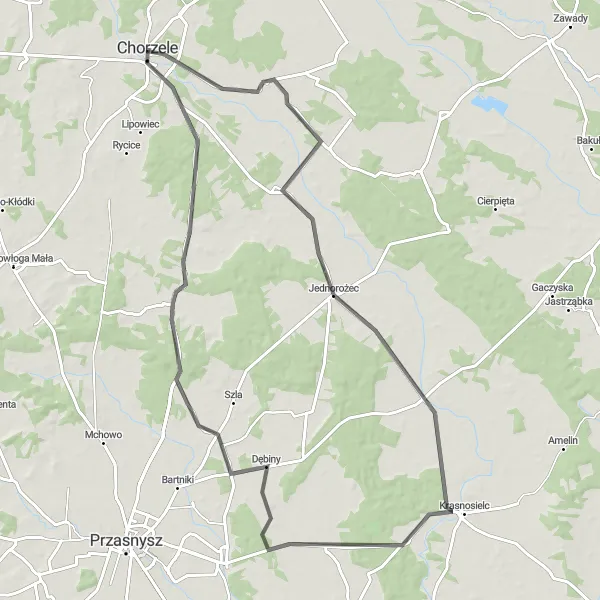 Miniatura mapy "Trasa do Jednorożca" - trasy rowerowej w Mazowiecki regionalny, Poland. Wygenerowane przez planer tras rowerowych Tarmacs.app