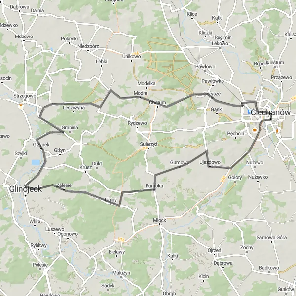 Map miniature of "Mazowiecki Countryside Ride" cycling inspiration in Mazowiecki regionalny, Poland. Generated by Tarmacs.app cycling route planner