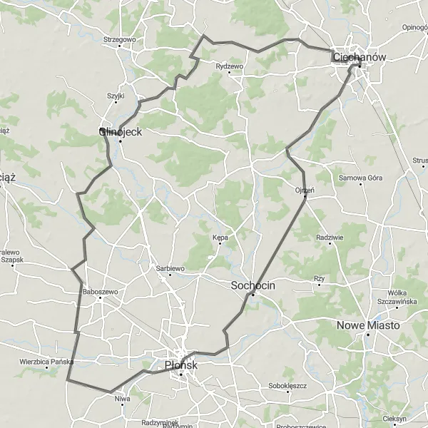 Map miniature of "Northern Loop through Ojrzeń and Chotum" cycling inspiration in Mazowiecki regionalny, Poland. Generated by Tarmacs.app cycling route planner