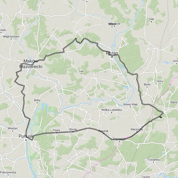 Map miniature of "Rząśnik Escape" cycling inspiration in Mazowiecki regionalny, Poland. Generated by Tarmacs.app cycling route planner