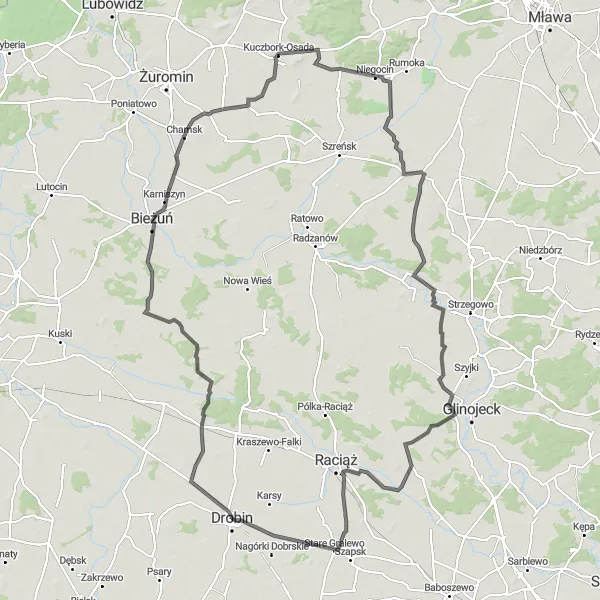 Map miniature of "Milewko and Chamsk Loop" cycling inspiration in Mazowiecki regionalny, Poland. Generated by Tarmacs.app cycling route planner