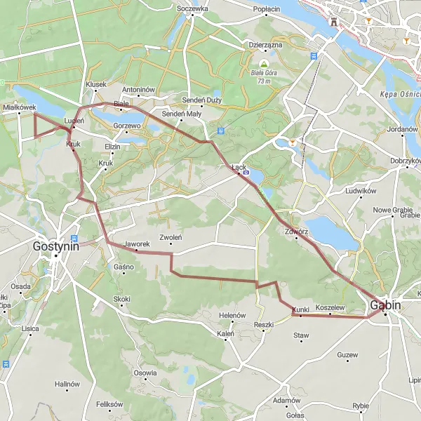 Map miniature of "Gąbin - Lucień - Łąck - Gąbin Gravel Loop" cycling inspiration in Mazowiecki regionalny, Poland. Generated by Tarmacs.app cycling route planner