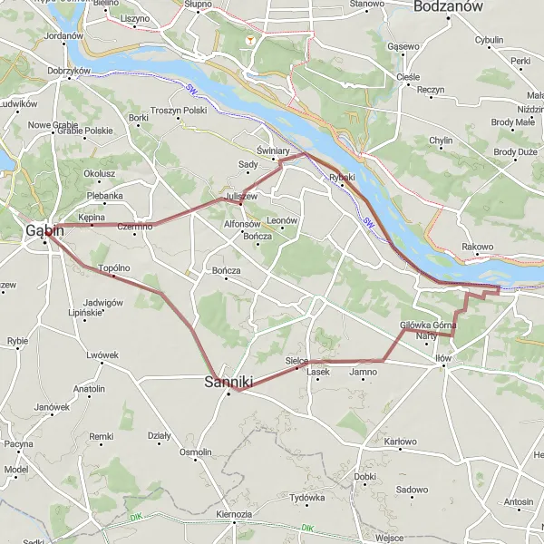 Map miniature of "Gąbin - Świniary - Sanniki - Konstantynów Gravel Loop" cycling inspiration in Mazowiecki regionalny, Poland. Generated by Tarmacs.app cycling route planner
