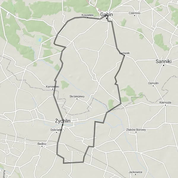 Map miniature of "The Mazovian Countryside" cycling inspiration in Mazowiecki regionalny, Poland. Generated by Tarmacs.app cycling route planner