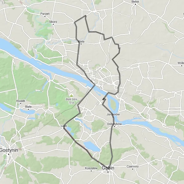 Map miniature of "Gąbin - Łąck - Stara Biała - Dobrzyków Road Loop" cycling inspiration in Mazowiecki regionalny, Poland. Generated by Tarmacs.app cycling route planner
