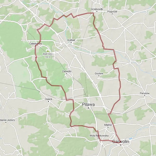 Map miniature of "Wola Rębkowska and Góra Regucka Gravel Ride" cycling inspiration in Mazowiecki regionalny, Poland. Generated by Tarmacs.app cycling route planner