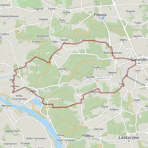Map miniature of "Celejów and Stare Kościeliska Gravel Ride" cycling inspiration in Mazowiecki regionalny, Poland. Generated by Tarmacs.app cycling route planner
