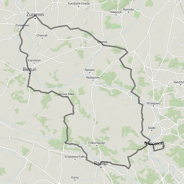 Map miniature of "Sierakowo and Żuromin Adventure" cycling inspiration in Mazowiecki regionalny, Poland. Generated by Tarmacs.app cycling route planner