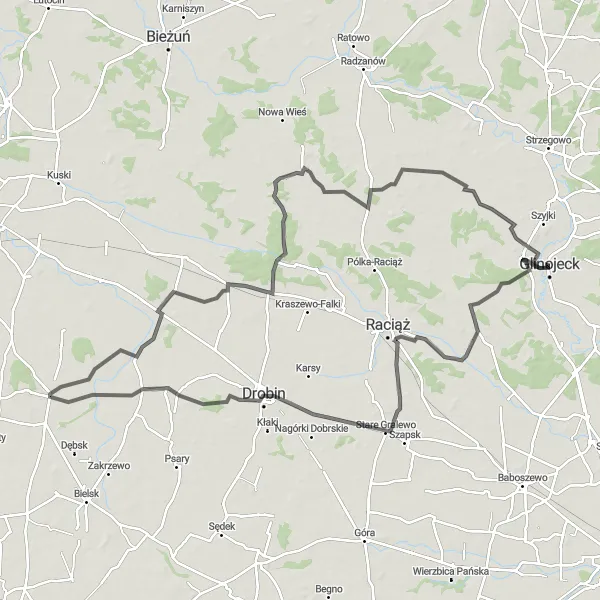 Map miniature of "Stare Gralewo and Szumanie Loop" cycling inspiration in Mazowiecki regionalny, Poland. Generated by Tarmacs.app cycling route planner