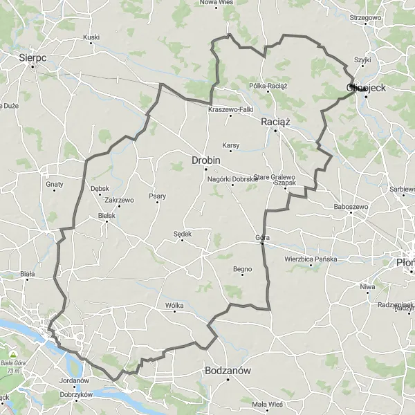 Map miniature of "Góra and Lelice Excursion" cycling inspiration in Mazowiecki regionalny, Poland. Generated by Tarmacs.app cycling route planner