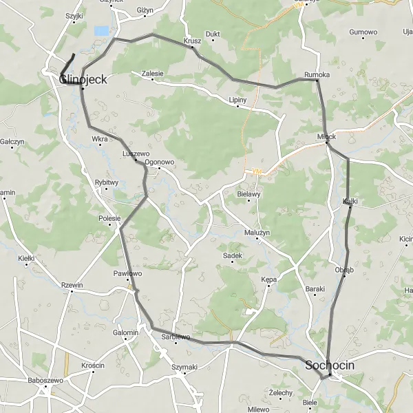 Map miniature of "Dłużniewo Loop" cycling inspiration in Mazowiecki regionalny, Poland. Generated by Tarmacs.app cycling route planner