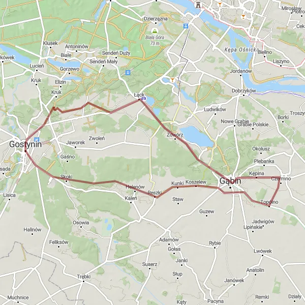 Map miniature of "Journey through Gostynin Gravel Adventure" cycling inspiration in Mazowiecki regionalny, Poland. Generated by Tarmacs.app cycling route planner