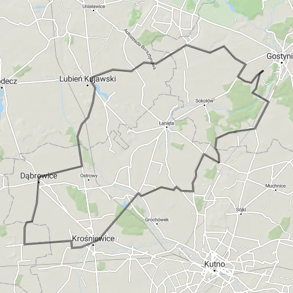 Map miniature of "Krośniewice and Lubień Kujawski Loop" cycling inspiration in Mazowiecki regionalny, Poland. Generated by Tarmacs.app cycling route planner