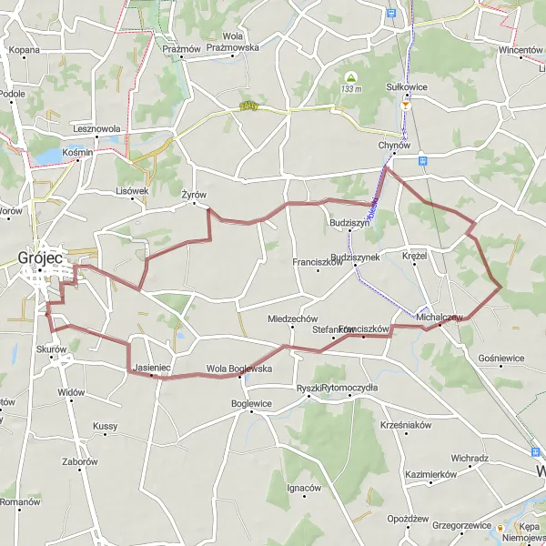 Map miniature of "Gravel Tour of Grójec" cycling inspiration in Mazowiecki regionalny, Poland. Generated by Tarmacs.app cycling route planner