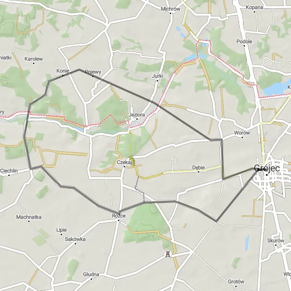 Map miniature of "Grójec and Surroundings" cycling inspiration in Mazowiecki regionalny, Poland. Generated by Tarmacs.app cycling route planner