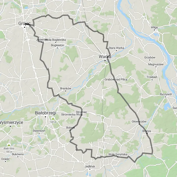 Map miniature of "Pilica River Loop" cycling inspiration in Mazowiecki regionalny, Poland. Generated by Tarmacs.app cycling route planner