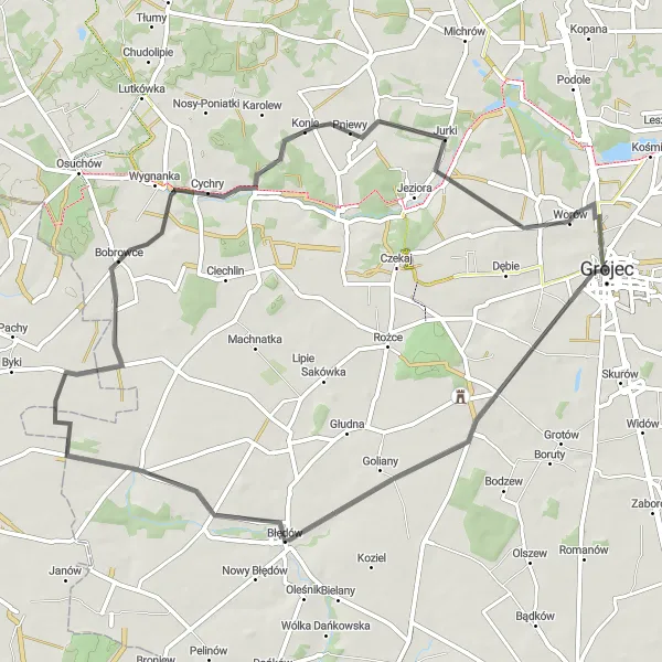 Map miniature of "Scenic Road Cycling in Grójec" cycling inspiration in Mazowiecki regionalny, Poland. Generated by Tarmacs.app cycling route planner