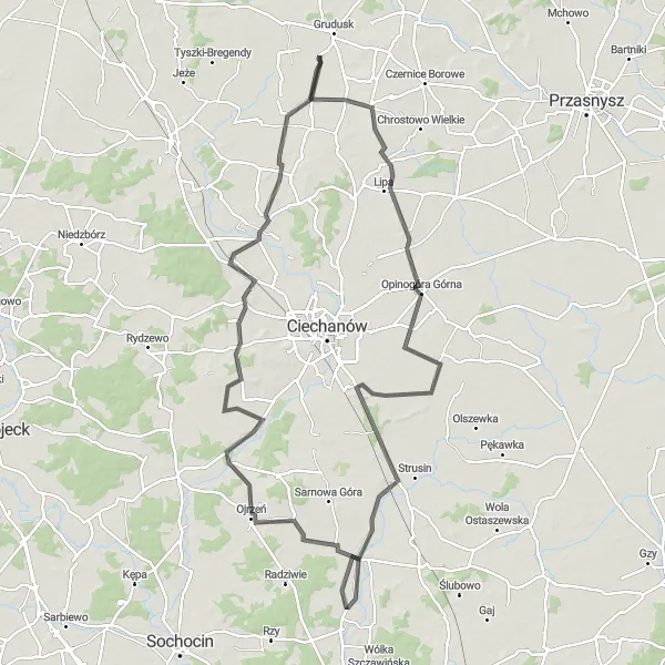 Miniatura mapy "Przejażdżka przez górzyste Opinogórskie pagórki" - trasy rowerowej w Mazowiecki regionalny, Poland. Wygenerowane przez planer tras rowerowych Tarmacs.app