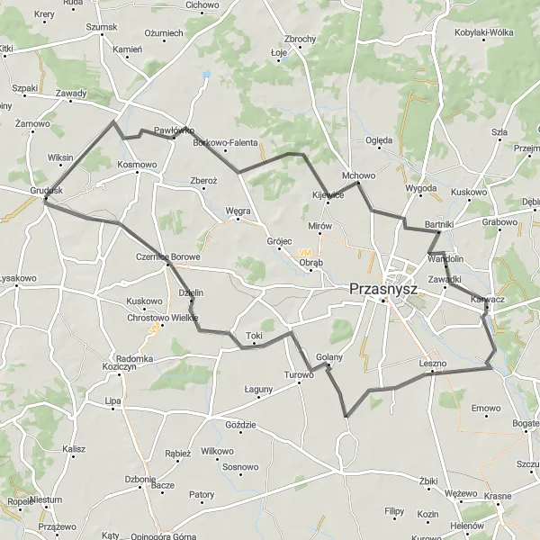 Miniatura mapy "Rowerowa wycieczka przez Karwacz i Czernice Borowe" - trasy rowerowej w Mazowiecki regionalny, Poland. Wygenerowane przez planer tras rowerowych Tarmacs.app