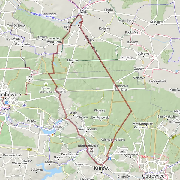 Map miniature of "The Nietulisko Duże Gravel Route" cycling inspiration in Mazowiecki regionalny, Poland. Generated by Tarmacs.app cycling route planner