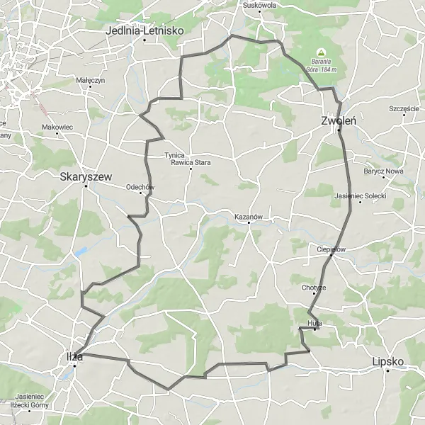 Map miniature of "Iłża Loop Road Cycling Route" cycling inspiration in Mazowiecki regionalny, Poland. Generated by Tarmacs.app cycling route planner