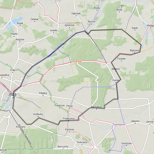 Map miniature of "Jedlanka Stara Cycling Adventure" cycling inspiration in Mazowiecki regionalny, Poland. Generated by Tarmacs.app cycling route planner