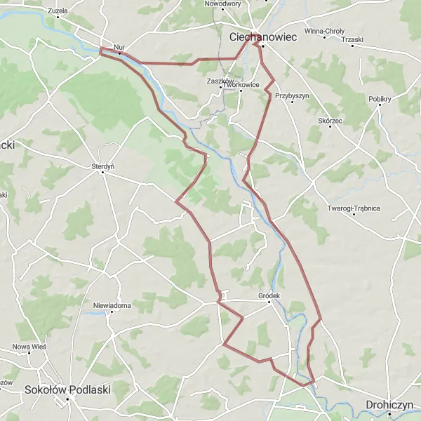 Miniatura mapy "Trasa przez Nur i Ciechanowiec" - trasy rowerowej w Mazowiecki regionalny, Poland. Wygenerowane przez planer tras rowerowych Tarmacs.app