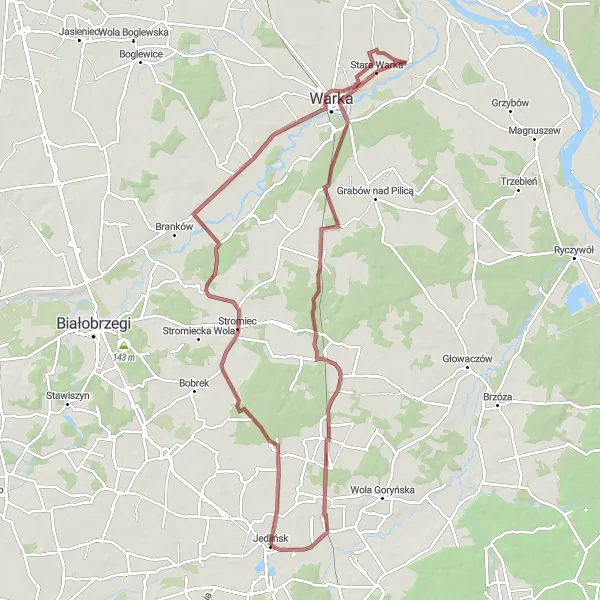 Miniatura mapy "Trasa Warka - Jedlińsk" - trasy rowerowej w Mazowiecki regionalny, Poland. Wygenerowane przez planer tras rowerowych Tarmacs.app